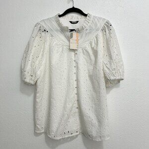 BTFBM Ivory Eyelet Embroidery Top Blouse V Neck Button Front Ruffle Neck Size XL